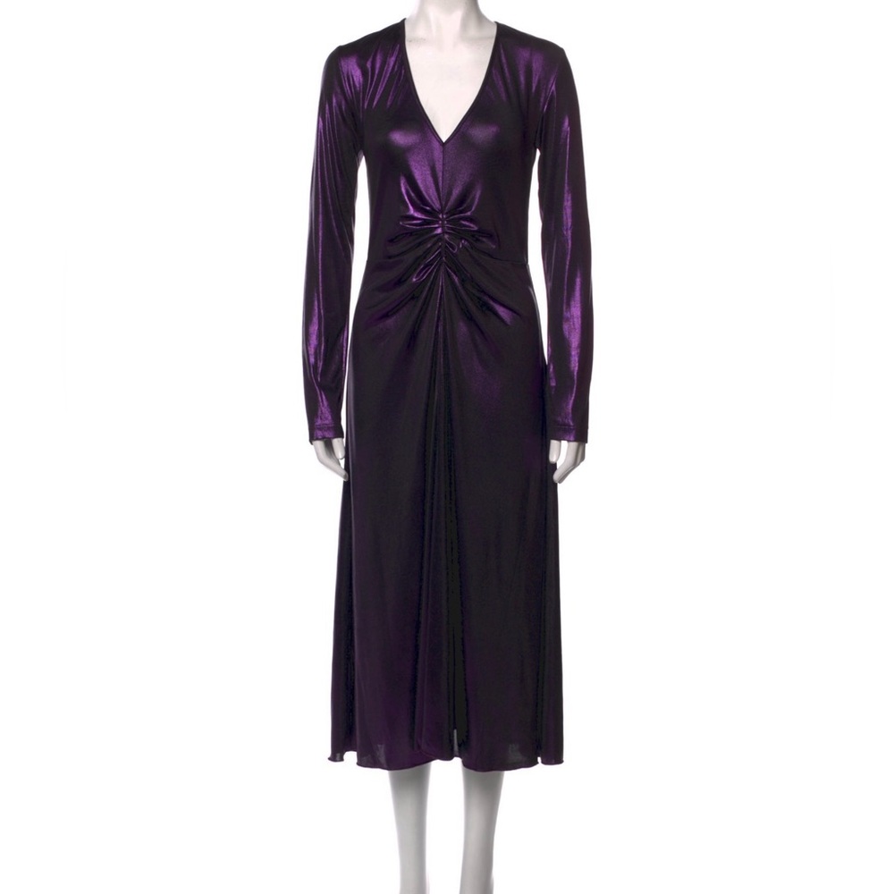 ROTATE Birger Christensen Midi Dress Size Medium Number 7 Metallic Purple Ruched